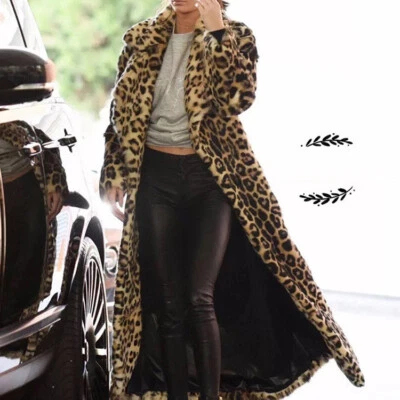 Winter Women Warm Faux Fur Leopard Coat Furry Long Jacket Outwear Lapel Parka - Image 1 of 4