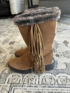 SAM EDELMAN Tilden Fringe Boots Bootie Brown Suede Leather Snakeskin Sz. 7 Women - Picture 1 of 5