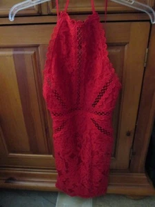 Forever 21 Women's Red Lace Overlay Lined Sleeveless Halter Dress, Size Small, S - Picture 1 of 5