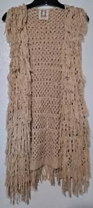 PPLA Clothing Women Sz S Flounder Fringe Boho Hippie Western Cream Crochet Vest - Picture 1 of 10