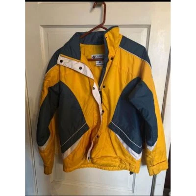 Columbia Vintage Color Block Chaqueta Esquí Invierno Deportes Abrigo Amarillo Azul Marino Pequeño Foto 1 de 3