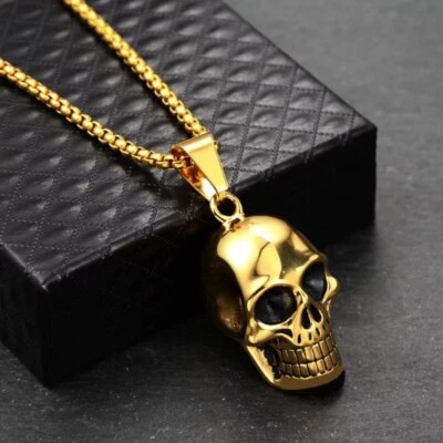 Men's Gold Skull Skeleton Pendant Necklace Punk Retro Rock Jewelry Box Chain 24" Foto 1 de 2