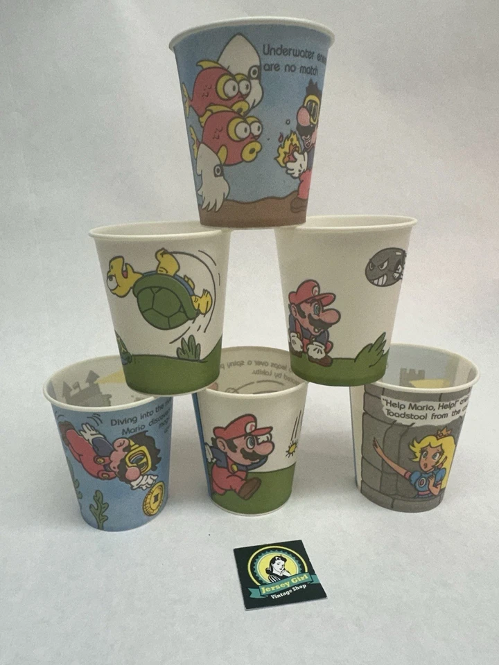 RARE 6 Vintage Super Mario Nintendo 1989 Retro Dixie Cups Bowser Princess - Image 1 of 1
