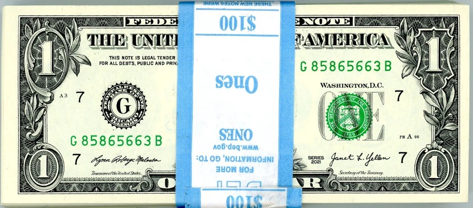 BEP PACK Of 100 $1 DOLLAR 2021 $1 Notes - G/B Block (CHICAGO  “G”) Nonsequential - Image 1 of 2