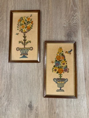 Lot of 2 Vintage Framed Crewel Embroidery  Pansie Topiary Flowers  - Must See!! - Image 1 of 4