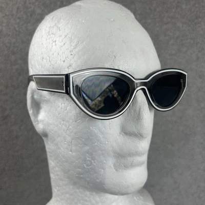 Y2K Cat Eye Sunglasses Narrow Oval Grey White Trim Shades Festival Sunnies Rave - Image 1 of 4