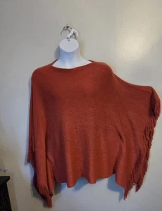 Burnt Orange Knit Poncho Style Sweater With Fringe OSFM Up To 3X - Picture 1 of 5