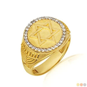 Gold Diamond Jewish Star Of David Hebrew Menorah Signet Ring - Picture 1 of 6