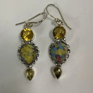 Sterling Silver Rainbow Calsilica And Citrine Drop Dangle Pierced Earrings - Picture 1 of 5