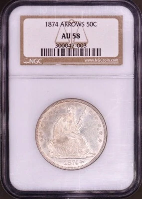 1874 Arrows Seated Liberty Half Dollar NGC AU58 - Flashy Blast White PQ - Image 1 of 4