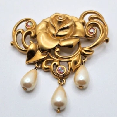 Vintage AVON Gold Tone Rose Flower Brooch Pin Faux Pearls Rhinestone  - Image 1 of 4