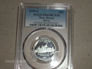 1999 S SILVER QUARTER NEW JERSEY PCGS PF69 DEEP CAMEO STATE QUARTER "BLUE LABEL" - Picture 1 of 2