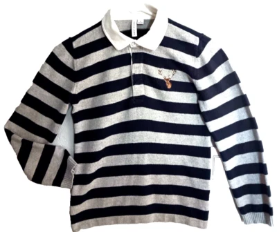 Janie and Jack boy 10y Christmas Reindeer  Polo Gray/Blue Stripe - Image 1 of 4