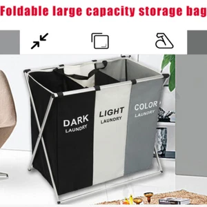 3 Section Laundry Basket Large Foldable Washing Hamper Clothes Storage Bag - Picture 1 of 8