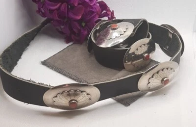 VTG  Silver-Tone Coral Concho Leather Belt Size 35" - Image 1 of 4