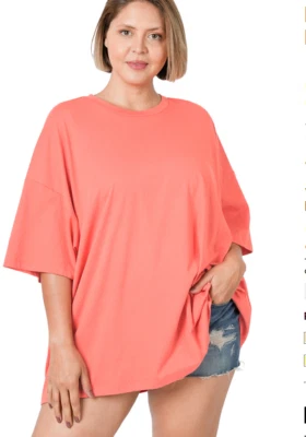 Zenana  3X French Terry Oversized Drop Shoulder Round Neck Raw Hem Tee D. Peach - Image 1 of 2