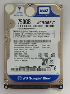 WD7500BPVT-22HXZT3, DCM: EBCTJBB, JUL 2011, Western Digital 750Gb 2.5" Sata HDD - Imagen 1 de 2