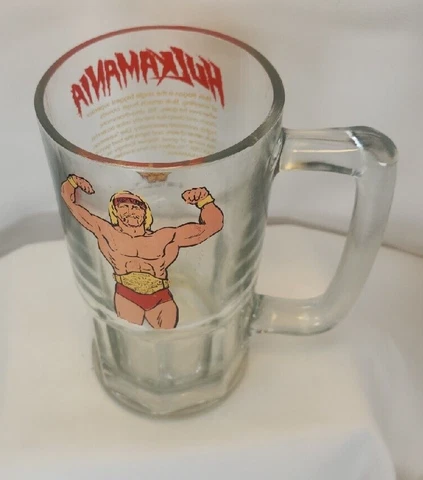 Vintage WWF HULKAMANIA Hulk Hogan Wrestling figure Glass Mug LJN Titan Sports Cover