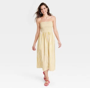 A New Day Women's Strapless Smocked Tube Sundress Yellow White Striped XS - Picture 1 of 13