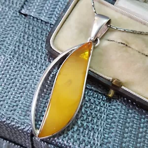 925 Sterling Silver Necklace, Large Butterscotch Amber Pendant, Polish Hallmark - Picture 1 of 10