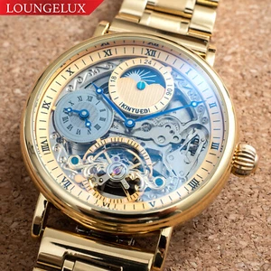 Mens Gold Dual Time Skeleton Automatic Mechanical Watch Stainless Steel Strap - Picture 1 of 12