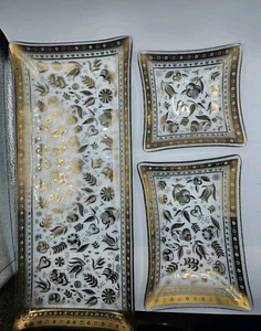 MCM Georges Briard Persian Garden Glass Trays Set of 3 Gold Floral 17”X 7" Retro - Picture 1 of 10