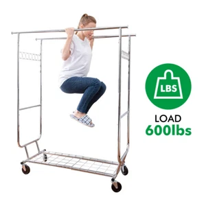 Heavy Duty Commercial Clothing Garment Rack Rolling Collapsible Chrome US - Picture 1 of 25