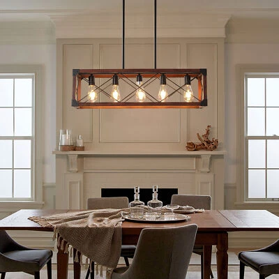 Red wood Chandelier Farmhouse Pendant Lamp Dining Living Ceiling Light Fixtures - Image 1 of 4