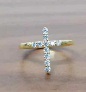 2.0 Ct Round Cut Simulated Diamond Cross Shape Band Ring 14k Yellow Gold Plated - Picture 1 of 9
