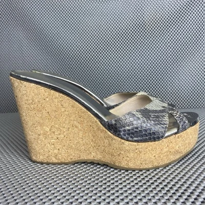 Sandálias anabela Jimmy Choo feminina 38 couro estampa animal slide on feitas na Itália - Imagem 1 de 4