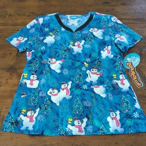 Frosty The Snowman Cherokee Christmas Woman's Scrubs Tooniforms V Neck Top Md - Picture 1 of 10