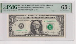 Fr 1912-Am 1981A $1 FRN A99849777B bp417 PMG 65EPQ GEM CU BOSTON 1981-A MULE - Picture 1 of 2