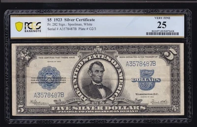 US 1923 $5 Lincoln Porthole Silver Certificate Note FR 282 PCGS 25  VF (487) - Image 1 of 2