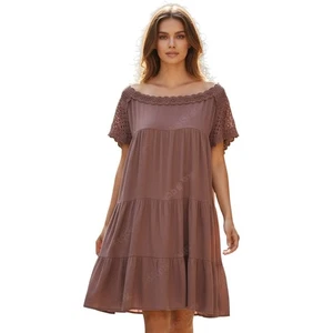 Davi & Dani Tiered Shift Dress Small Mauve Crochet Boho Flowy Summer Crinkle NWT - Picture 1 of 12