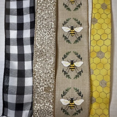 Summer Wired Ribbon Bees Honeycomb Black White Plaid Glitter 20 Yards Total - Image 1 of 4
