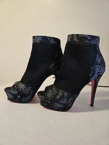 Apple Bottoms Peep Toe Booties Black Mesh Platform Heels 7.5 Leather Sole Y2k... - Picture 1 of 8