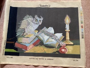 Gobelin L Tapestry canvas 75 x 60 Owl on books with quill & candle part started - Picture 1 of 7