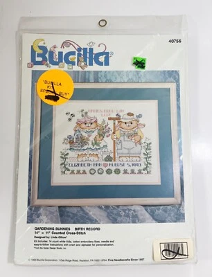 Vintage 1993 Bucilla Counted Cross Stitch Gardening Bunnies Birth Record #40756 - Image 1 of 4