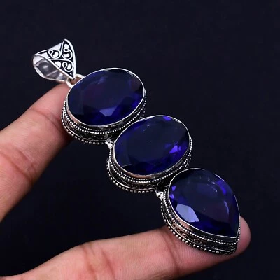 Zaffiro Blu Gemma Fatto a Mano 925 Pendente Argento Sterling Per Love Regali - Immagine 1 di 4