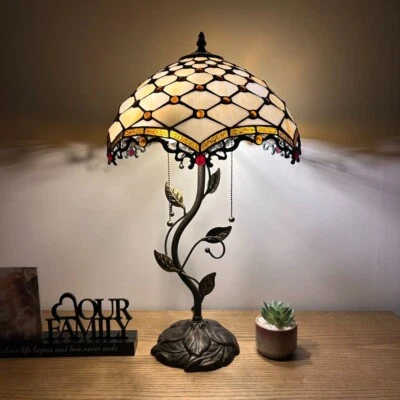 Tiffany Style Table Lamp Beige Stained Glass Crystal Beans LED Bulbs 24”H*14"W - Image 1 of 4