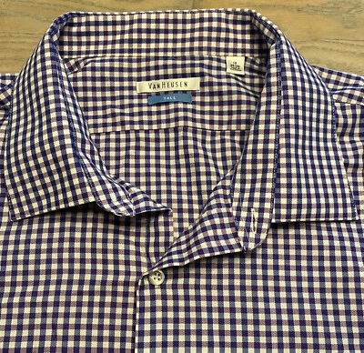 Van Heusen Tall Purple Gingham Plaid Shirt Long Slv Mens TALL 19 35/36 Button Up - Image 1 of 4
