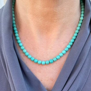 Blue Green 6mm Kingman Turquoise Round Beaded Silver Southwestern Boho Necklace - Picture 1 of 9