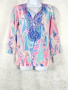 Lilly pulitzer Top Women’s Small Pink Blue Amelia 3/4 Sleeves V-Neck 100% Silk - Picture 1 of 12