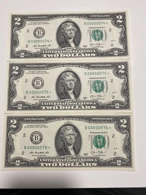 2013 $2 ，3 Consecutive B00000575/6/4 NYD LOW # Star Notes ，UNC！ Super Rare！ - Image 1 of 2