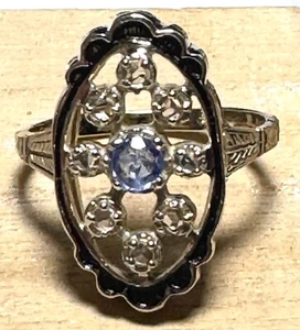 Art Deco Engraved 14K White Gold Sapphire Diamond Ring with Enamel, - Picture 1 of 6