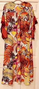 Attitudes by Renee Border Print Duster/Kimono/Swimsuit Coverup-Sunset Palm-Large - Picture 1 of 6