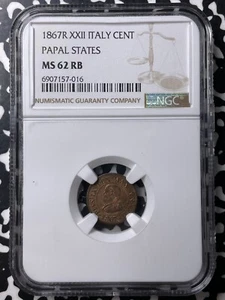 1867-R Papal States 1 Centesimo NGC MS62RB Lot#G8971 Nice UNC! - Picture 1 of 3