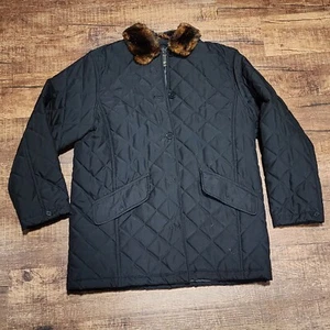 Vtg Ralph Lauren Quilted Chore Coat Womans Med Faux Fur Collar Black light wgt - Picture 1 of 11
