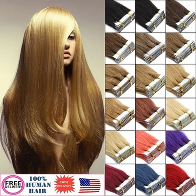 Tape in Hair Extensions 100% Remy Human Hair Invisible Real Skin Wefts Brown 12A - Image 1 of 4