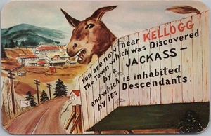 Postal de cómic vintage de KELLOGG, Idaho Prospector Noah S. Kellogg's Pesky Jackass - Imagen 1 de 2